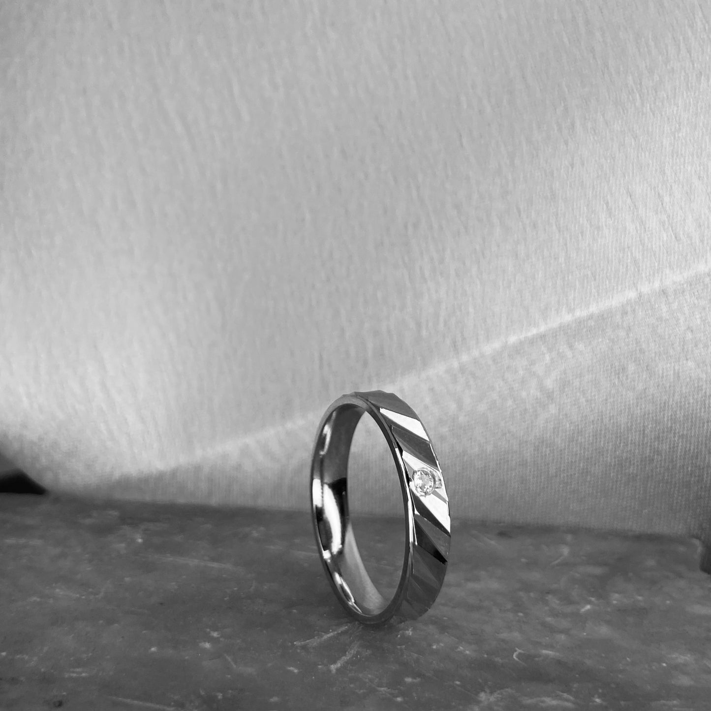 Diagonal Striation with CZ Silver Ring